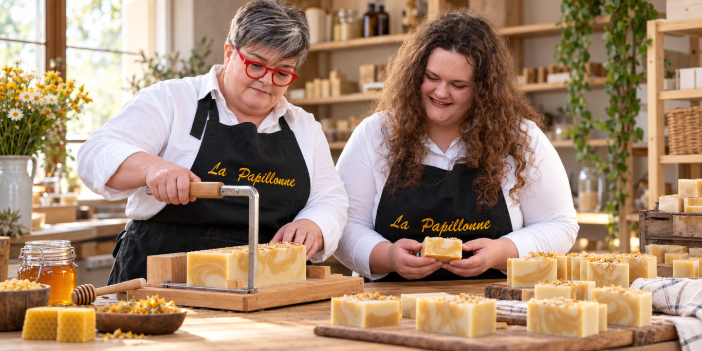Isabelle et Marine à l’atelier de savonnerie La Papillonne en Dordogne.