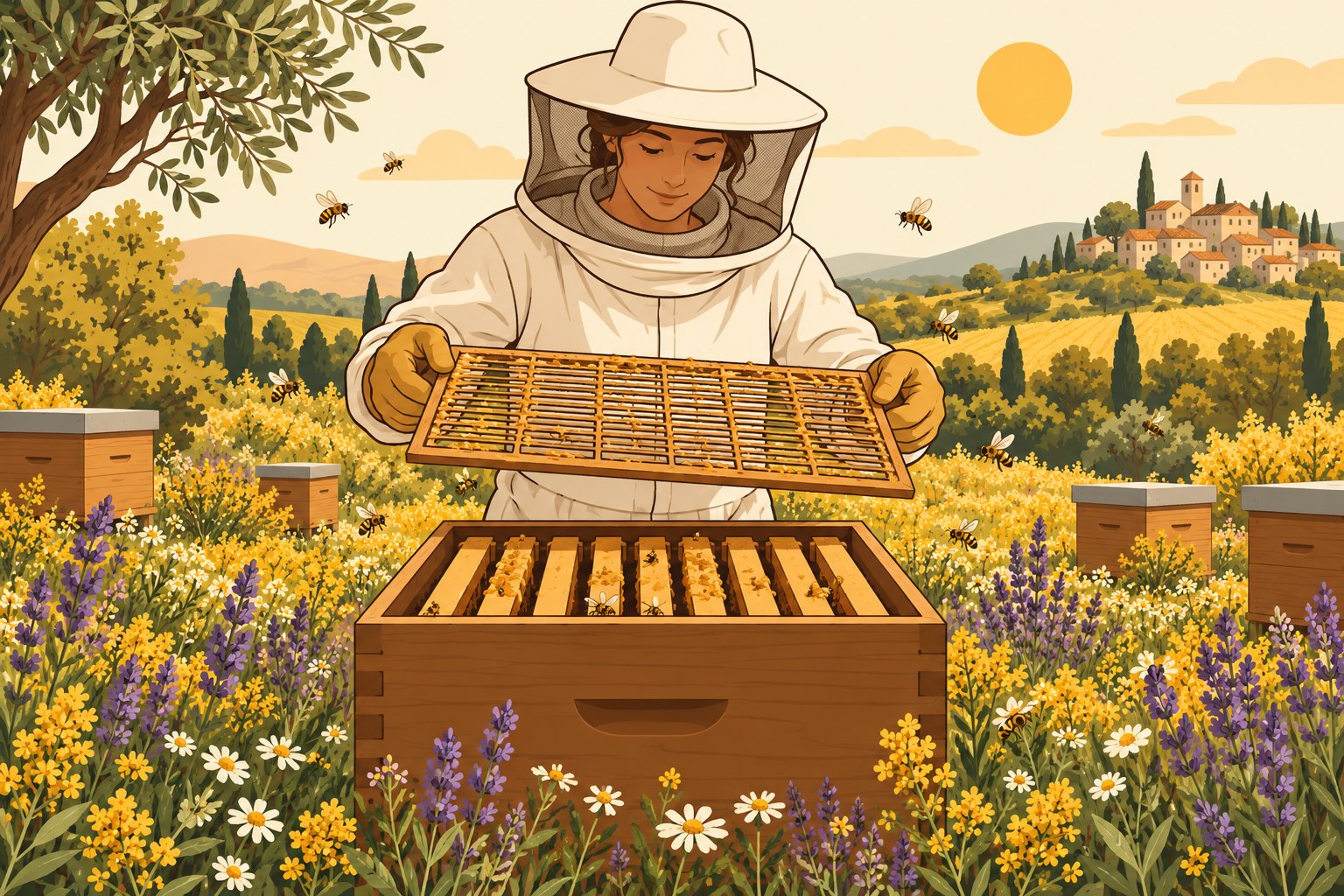 Une apicultrice soulève une grille au-dessus d’une ruche ouverte, entourée de fleurs et d’abeilles.