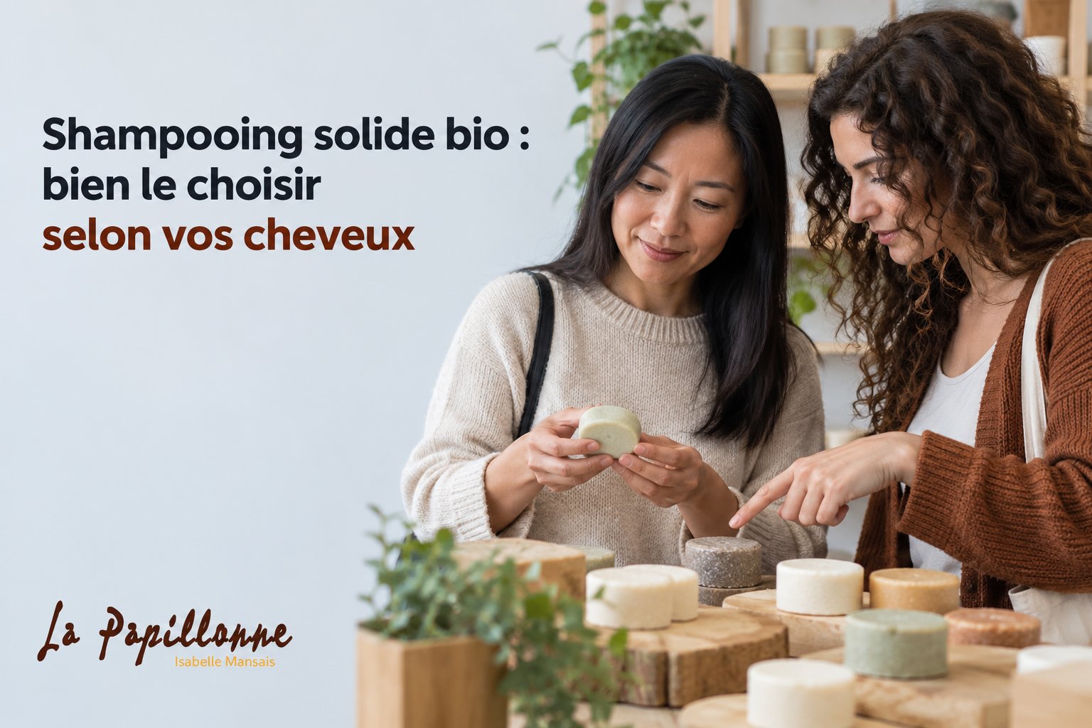 Deux femmes examinent des shampoings solides sur un comptoir, l’une les tenant en main et l’autre pointant du doigt.