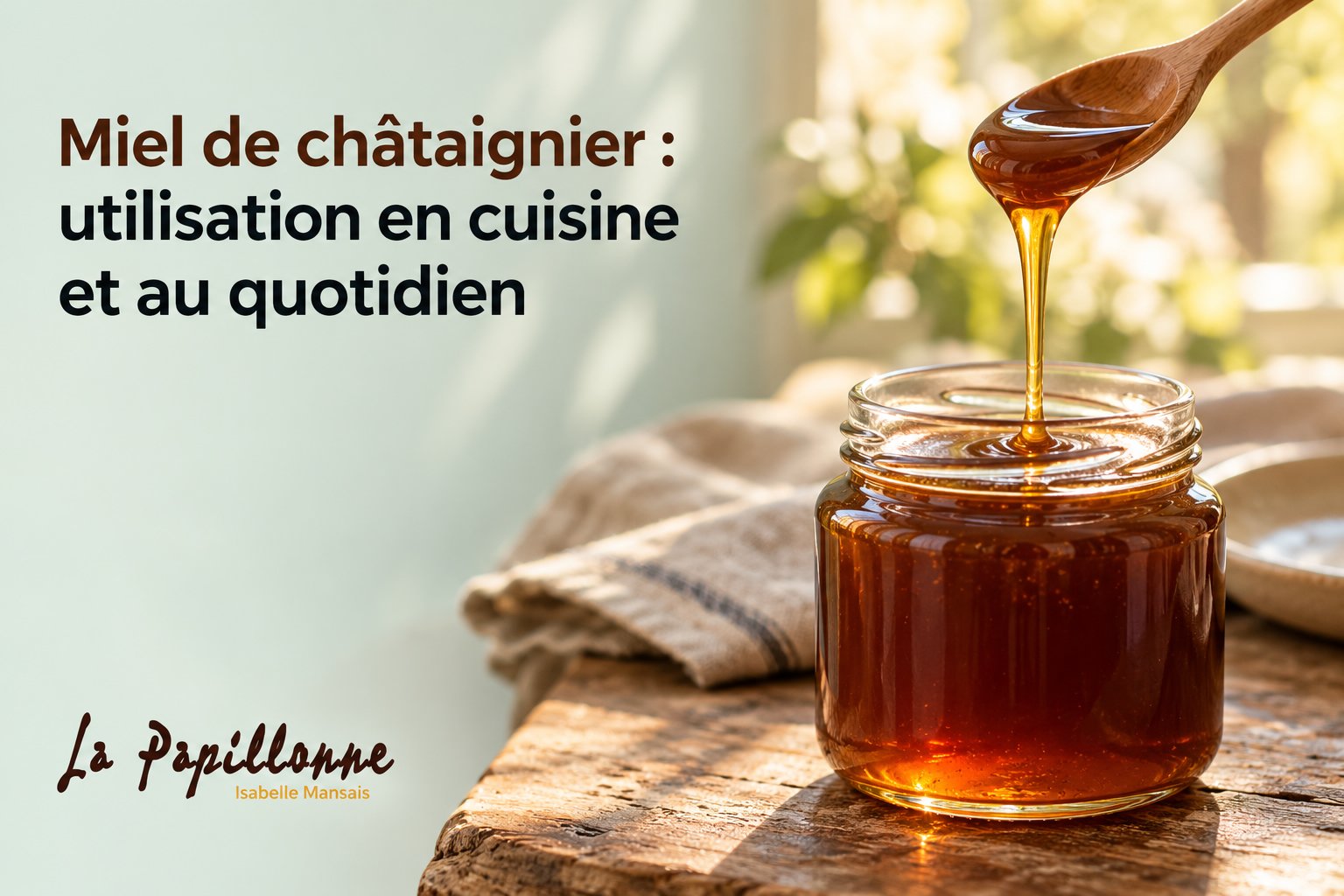 Miel de châtaignier dans un pot avec une cuillère transférant le miel doré en filet.