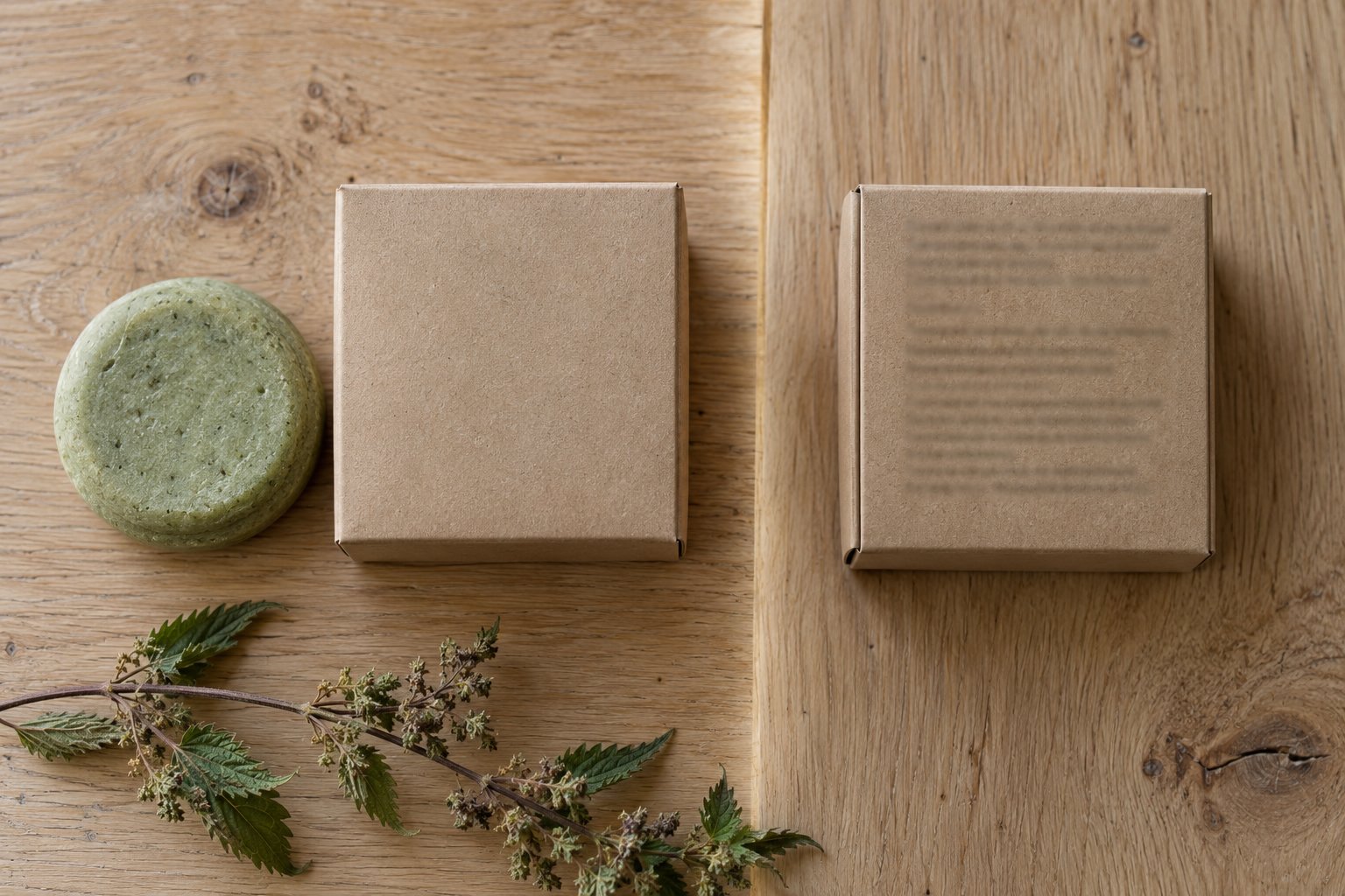 Pavé de shampoing solide rond vert à côté de deux boîtes en carton sur une surface en bois.