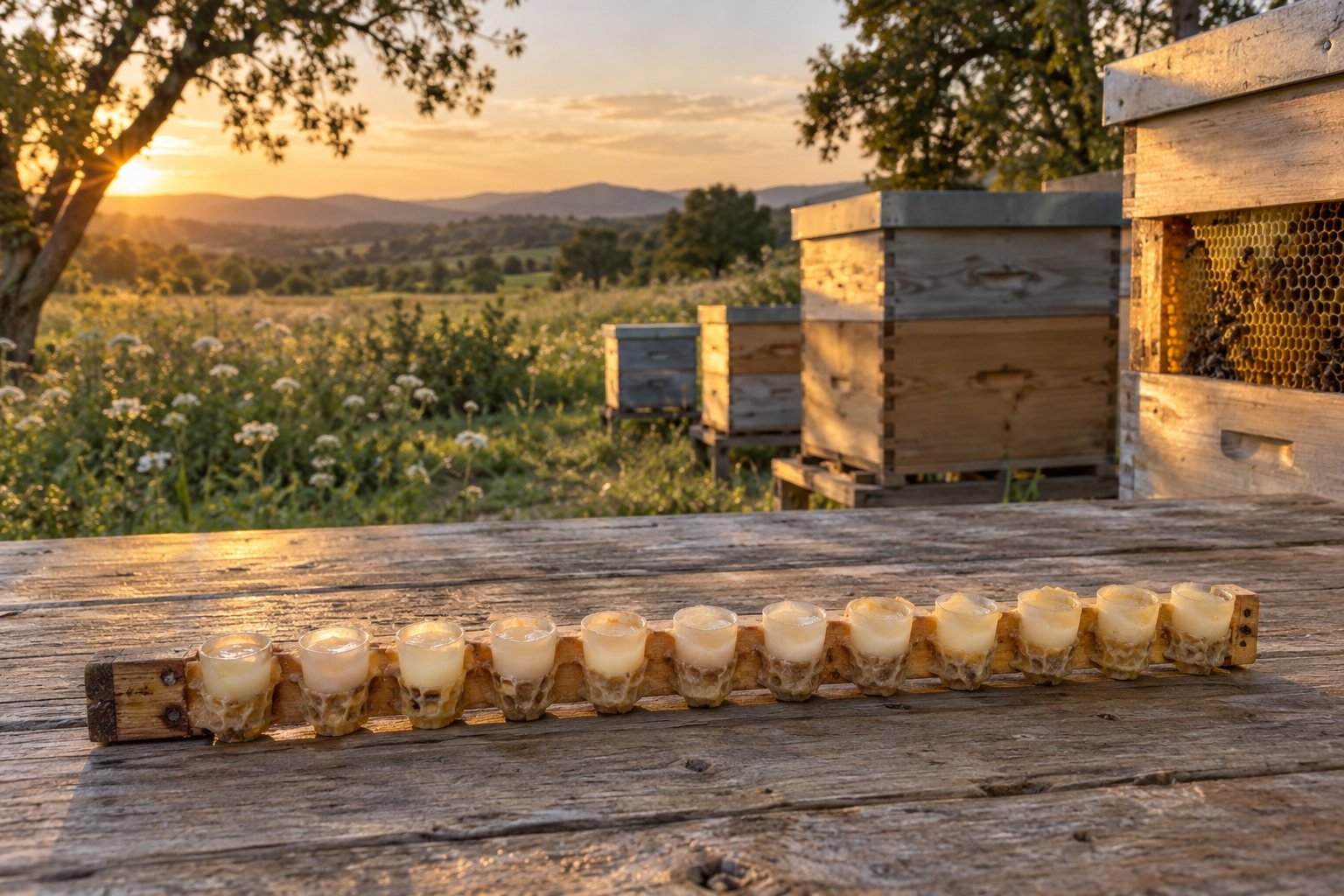 Rangs de cadres avec petit couvain et coiffes de gelée royale sur une planche en bois au coucher du soleil près de ruches en