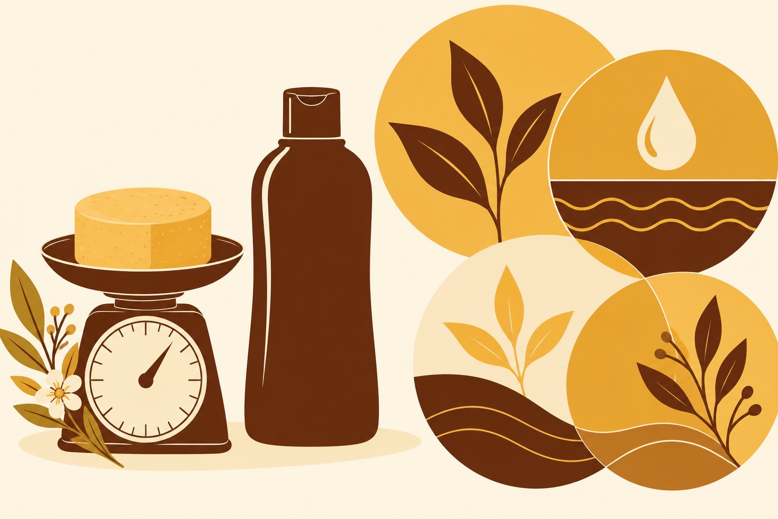Shampoing solide posé à côté d’une balance et d’un flacon, entouré de symboles circulaires illustrant des plantes et de l’eau.