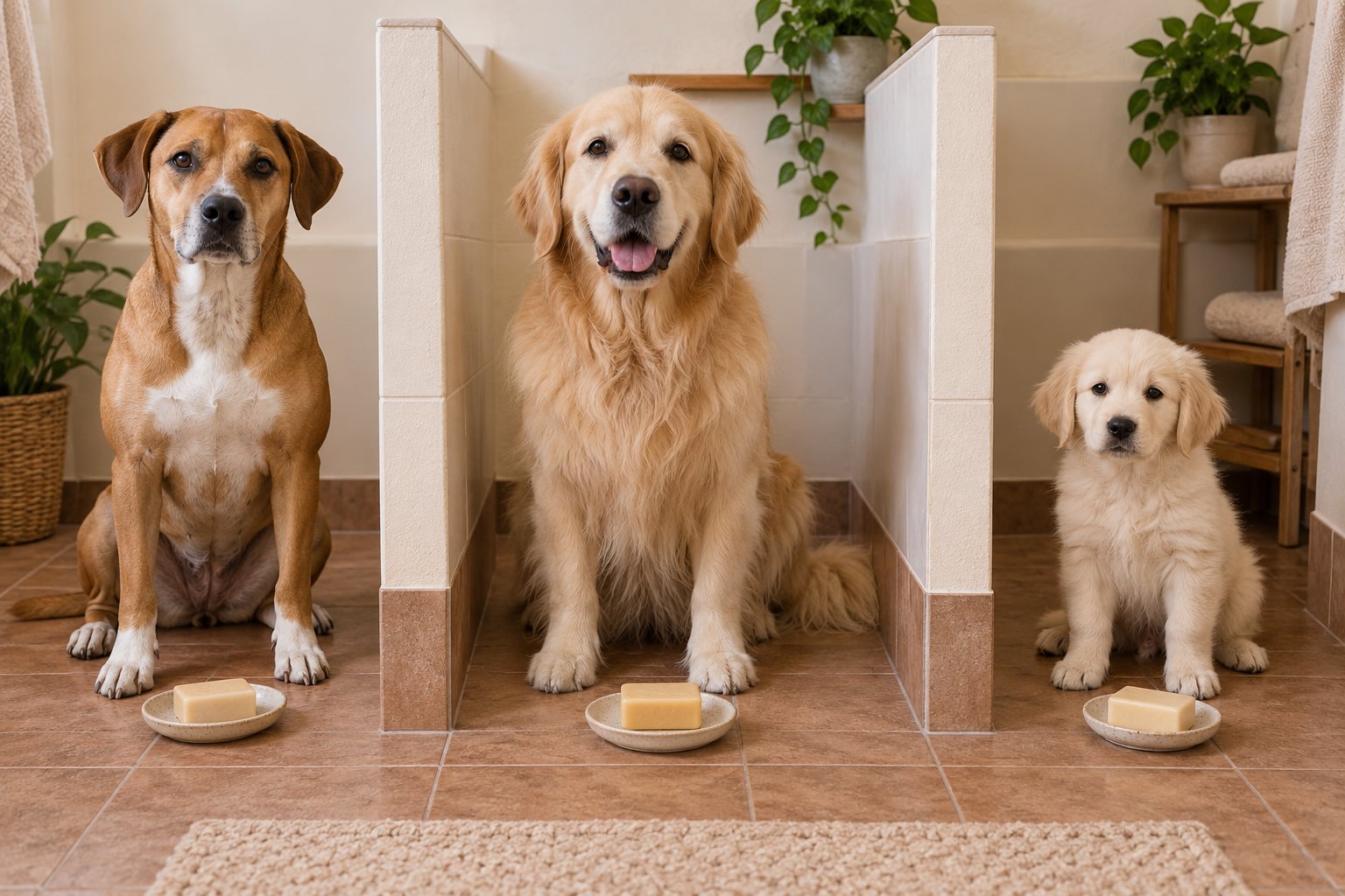 Trois chiens assis devant leur gamelle de savon près de diviseurs, en attente du bain.